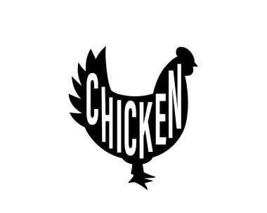 Chicken black silhouette with lettering. Chicken symbol. Chick silhouette. Hand drawn vector illustration. Farm bird icon isolated on white background.