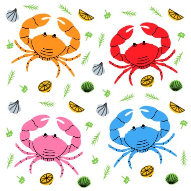 Set of colored crab with big claws. Seafood with lemon slices, garlic and rosemary. Crab dish with herbs seasoning hand drawn illustration. Seafood meal menu isolated on white background.