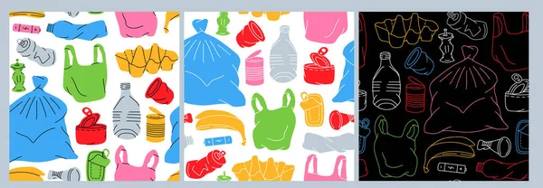 Set of garbage pattern. Unsorted trash background. Garbage background. Vector illustration. Set of different types garbage.