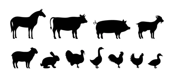 Set Farm Animal Silhouettes Pig Horse Turkey Goat Sheep Chicken — 스톡 벡터