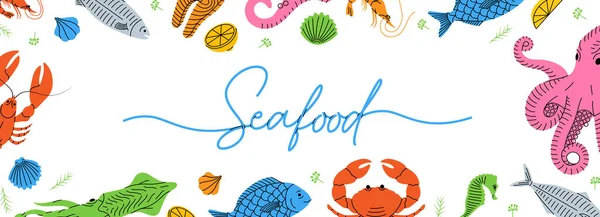 Seafood Sketches Horizontal Banner Template Sea Animal Line Background Vector — Stockvektor