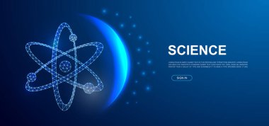 Atom 3d polygonal symbol for landing page, website template. Low poly Molecule illustration for homepage, promo banner, advertising page design. Atomic neutron design illustration concept.