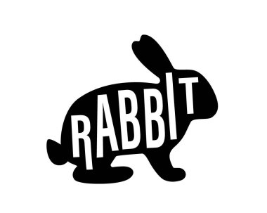Rabbit black silhouette with lettering. Bunny symbol. Hare silhouette. Hand drawn vector illustration. Farm animal icon isolated on white background.