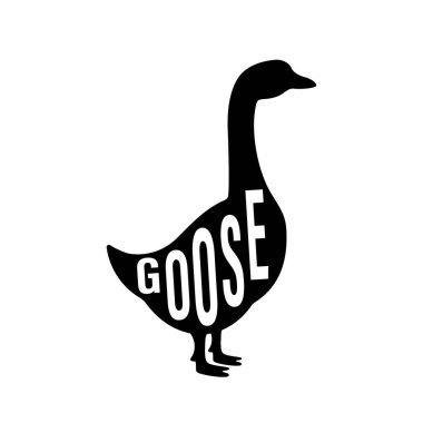 Goose black silhouette with lettering. Goose symbol. Hand drawn vector illustration. Farm bird icon isolated on white background.