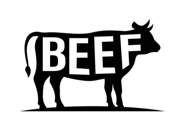 Cow black silhouette with lettering. Bull symbol. Beef silhouette. Hand drawn vector illustration. Farm animal icon isolated on white background.