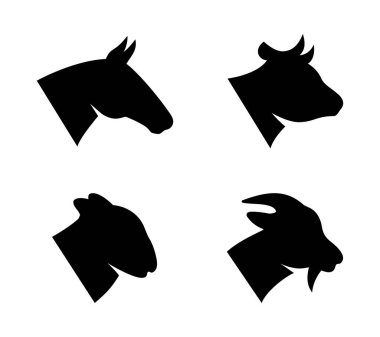 Farm animal head set. Horse, Goat, Sheep, Bull head silhouettes. Vector illustration. Farm animal black icons isolated on white background.