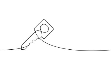 Anahtar bir çizgi sürekli çizim. Ev anahtarı tek satırlık illüstrasyon. Vektör minimalist doğrusal çizim. Beyaz arkaplanda izole.