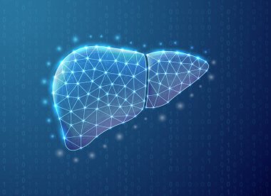 Liver polygonal symbol with binary code background. Hepatitis concept design vector illustration. Blue Organ anatomy low poly symbol with connected dots for landing page, advertising page.