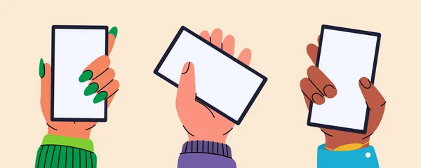 Набір Рук Тримає Смартфон Білим Екраном Смартфони Порожнім Екраном Руки — стоковий вектор