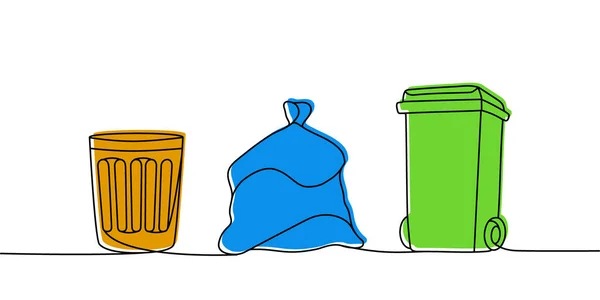 Set Trash One Line Colored Continuous Drawing Rubbish Garbage Trash — стоковый вектор