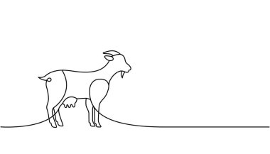 Keçi bir çizgi aralıksız çizer. Keçi sembolü. Çiftlik hayvanı sürekli bir çizgi çiziyor. Vektör minimalist doğrusal çizim. Beyaz arkaplanda izole.