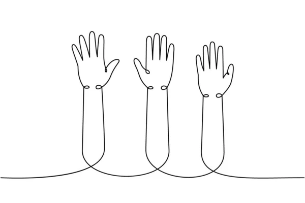 Händerna Upp Linje Kontinuerlig Ritning Lagarbete Samarbete Kontinuerlig Linje Illustration — Stock vektor