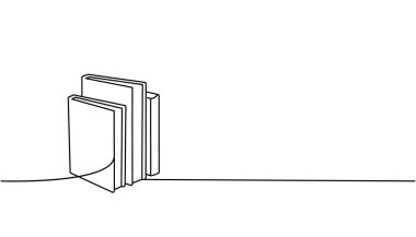 Kitap yığını bir satır aralıksız çizim. Kitapçı, kütüphane aralıksız tek satırlık illüstrasyon. Vektör minimalist doğrusal çizim. Beyaz arkaplanda izole.