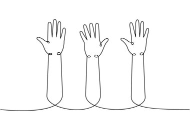 Tek çizgi halinde el kaldırın. Sürekli çizim yapın. Oy kullanma, gönüllü olarak tek satırlık illüstrasyon. Vektör minimalist doğrusal çizim. Beyaz arkaplanda izole.