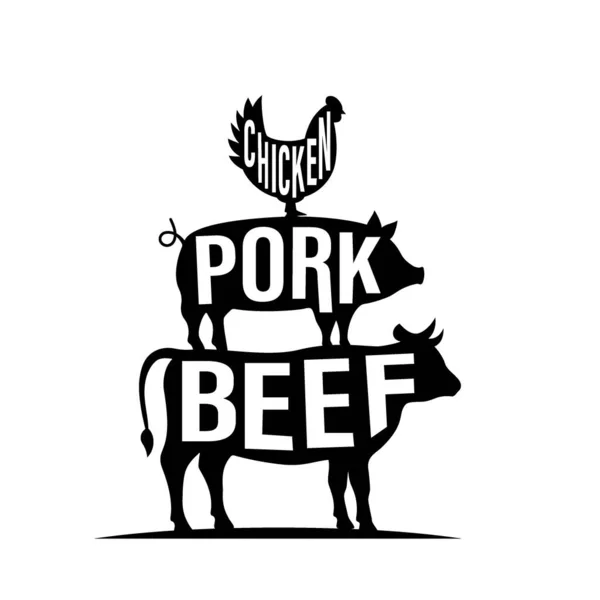 Silhouette Von Nutztieren Mit Schriftzug Huhn Schwein Rindfleisch Handgezeichnete Vektorillustration — Stockvektor