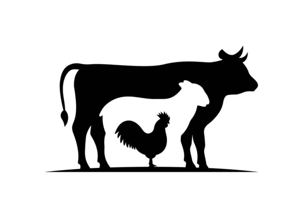 Sílhuetas Animais Quinta Vaca Ovelha Silhuetas Pretas Galo Ilustração Vetorial — Vetor de Stock