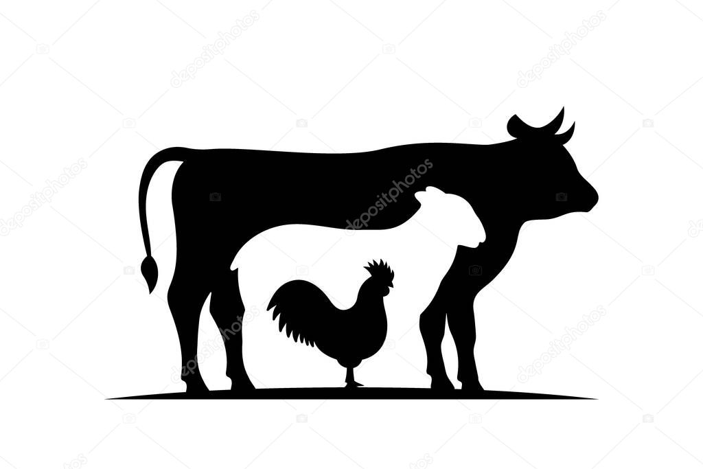 Farm animal silhouettes. Cow, Sheep, Rooster black silhouettes. Vector illustration. Farm animals character set isolated on white background.
