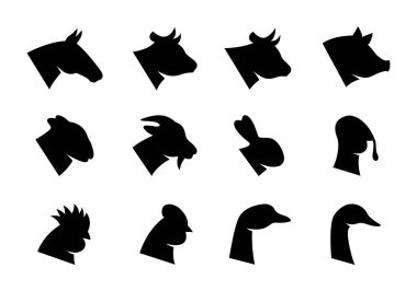 Çiftlik hayvanı kulaklığı. Domuz, At, Hindi, Keçi, Koyun, Tavuk, Horoz, Ördek, Tavşan, Kaz, İnek, Boğa başlı siluetler. Vektör çizimi. Beyaz arkaplanda izole edilmiş çiftlik hayvanı simgeleri.