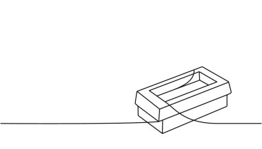Boş karton kutu bir satır aralıksız çizim. Karton kutular, paket çantalar, yemek siparişleri, tek bir çizgiden ibaret. Vektör minimalist doğrusal çizim. Beyaz arkaplanda izole.