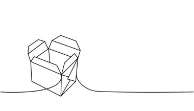Wok karton kutu bir satır sürekli çizim. Boş karton kutular, paket paketler. Tek satır resimli yemek. Vektör minimalist doğrusal çizim. Beyaz arkaplanda izole.