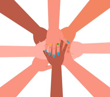 Ellerini birleştir. Çok ırklı ve çeşitli eller bir arada. Farklı renklerde insan elleri. Topluluk, takım çalışması, arkadaşlık, işbirliği konsepti. Vektör illüstrasyonu beyaz arkaplanda izole edildi.