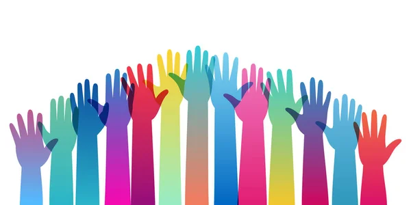 Erhobene Hände Menschliche Arme Die Sich Gemeinsam Erheben Internationale Freiwilligengemeinschaft — Stockvektor