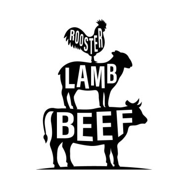 Elle çizilmiş harfleri olan çiftlik hayvanı siluetleri. Horoz, kuzu, sığır silueti. Vektör çizimi. Beyaz arkaplanda izole edilmiş çiftlik hayvanı simgesi.