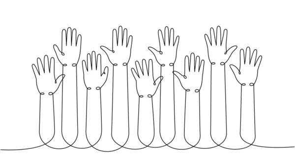 Les Mains Levaient Une Ligne Dessin Continu Travail Équipe Collaboration — Image vectorielle