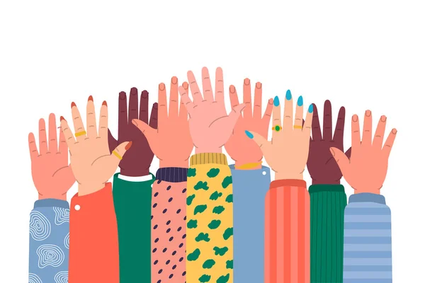 Σηκώστε Χέρια Ανθρώπινα Χέρια Διαφορετικά Χρώματα Του Δέρματος Ανθρώπινα Χέρια — Διανυσματικό Αρχείο
