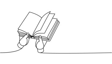 El kitabı açık, bir satır aralıksız çizim. Kitapçı, kütüphane aralıksız tek satırlık illüstrasyon. Vektör minimalist doğrusal çizim. Beyaz arkaplanda izole.