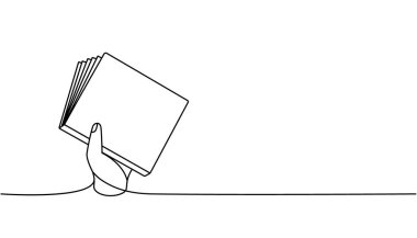 Kapalı bir kitapla bir satır aralıksız çizim. Kitapçı, kütüphane aralıksız tek satırlık illüstrasyon. Vektör minimalist doğrusal çizim. Beyaz arkaplanda izole.