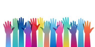 Ellerinizi kaldırın. Farklı renklerde eller yukarı. Takım çalışması, işbirliği, oy kullanma, gönüllü olma. Vektör illüstrasyonu beyaz arkaplanda izole edildi.