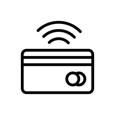 NFC kredi kartı siyah ikonu. NFC ödeme işaretli kredi kartı. Beyaz arkaplanda kablosuz ödeme sembolü izole edildi.