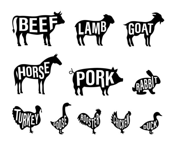 Set of farm animal silhouette with lettering. Pig, Horse, Turkey, Goat, Sheep, Chicken, Rooster, Duck, Rabbit, Goose, Cow silhouette. Farm animal icon isolated on white background.