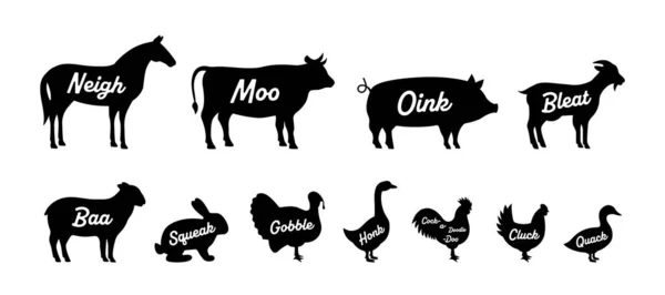 Set Van Dierlijke Silhouetten Boerderij Neigh Moo Oink Bleat Baa — Stockvector