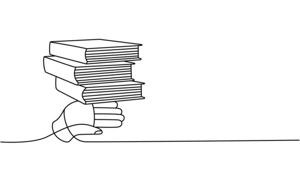 Main Avec Pile Livres Une Ligne Dessin Continu Librairie Bibliothèque — Image vectorielle