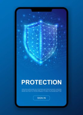 UI, UX tasarım şablonu için 3d çokgen sembol. Mobil anasayfası, telefon tanıtım pankartı, reklam sayfası tasarımı için düşük poli antivirüs çizimi. Siber güvenlik illüstrasyon kavramı.