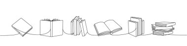 Kitaplar aralıksız bir çizgi çizer. Kitapçı, kütüphane aralıksız tek satırlık illüstrasyon. Vektör minimalist doğrusal çizim. Beyaz arkaplanda izole.