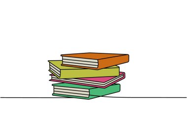 Kitap yığını bir satır renkli sürekli çizim. Kitapçı, kütüphane aralıksız tek satır renkli illüstrasyon. Vektör minimalist doğrusal çizim. Beyaz arkaplanda izole.