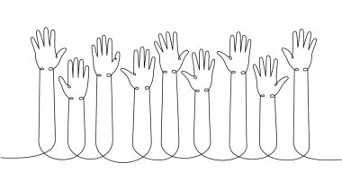 Eller yukarı, aralıksız çizgiler. Kamuoyu, kullanıcı geribildirim aralıksız tek satır çizimi. Vektör minimalist doğrusal çizim. Beyaz arkaplanda izole.