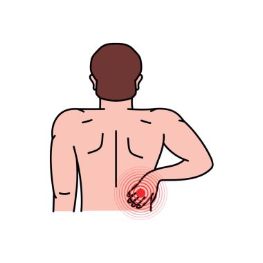 İnsan sırtında ağrı ve yaralanma. İnsan sırtı ağrısı. Kas ağrısı ve omurilik sorunları. Vektör illüstrasyonu beyaz arkaplanda izole edildi