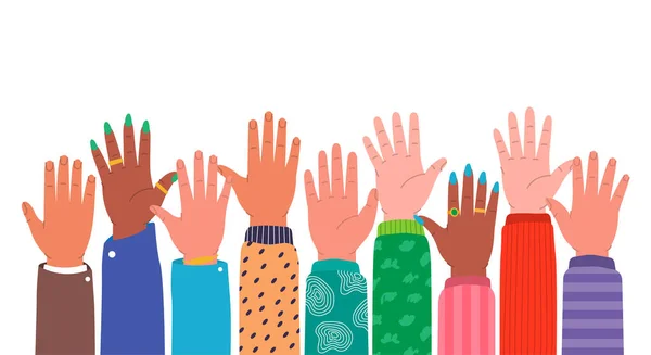 Ψηλά Χέρια Πολλαπλών Εθνοτήτων Και Ποικιλόμορφων Χεριών Σηκωμένα Ανθρώπινα Χέρια — Διανυσματικό Αρχείο