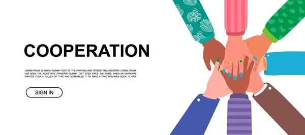 Cooperation Hands Together Horizontal Banner Template Multi Ethnic Hands Together — Stock Vector