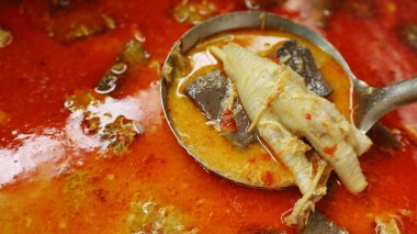 Kırmızı körili tavuk ayağı. Baharatlı Tayland baharatlı kırmızı köri, kırmızı köri soslu vermicelli ile yenir. Yakın çekim odağı