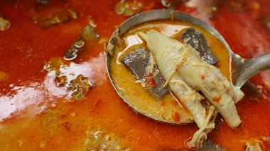 Kırmızı körili tavuk ayağı. Baharatlı Tayland baharatlı kırmızı köri, kırmızı köri soslu vermicelli ile yenir. Yakın çekim odağı