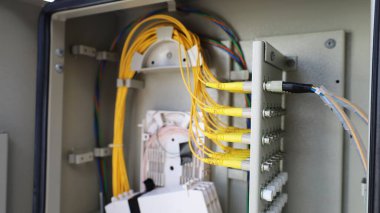 Kutuda fiber optik kablo var. Metal bir kutuda yüksek hızlı iletişim için FTB fiber kablo ya da fiber optik veri bağlantı teknolojisi. seçici odak