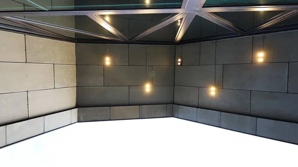 Plafond Éclairage Bâtiment Moderne Avant Toit Décoré Avec Des Ampoules — Photo