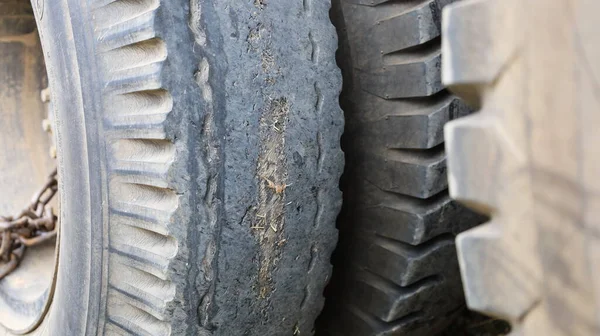 Damaged Car Tires Close Worn Torn Car Tire Large Truck — стоковое фото
