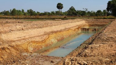 Tarım arazisindeki gölet. Tayland 'ın kırsal kesimlerinde kullanılacak yeni bir su birikintisi. Yeşil ağaçlı ve mavi gökyüzü arka planında fotokopi alanı var. Seçici odak