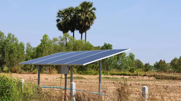 农业领域的太阳能电池板 用于地下水抽水的金属框架光伏面板 具有绿色树木的清洁能源 蓝天背景 有复制空间 有选择的重点 — 图库照片